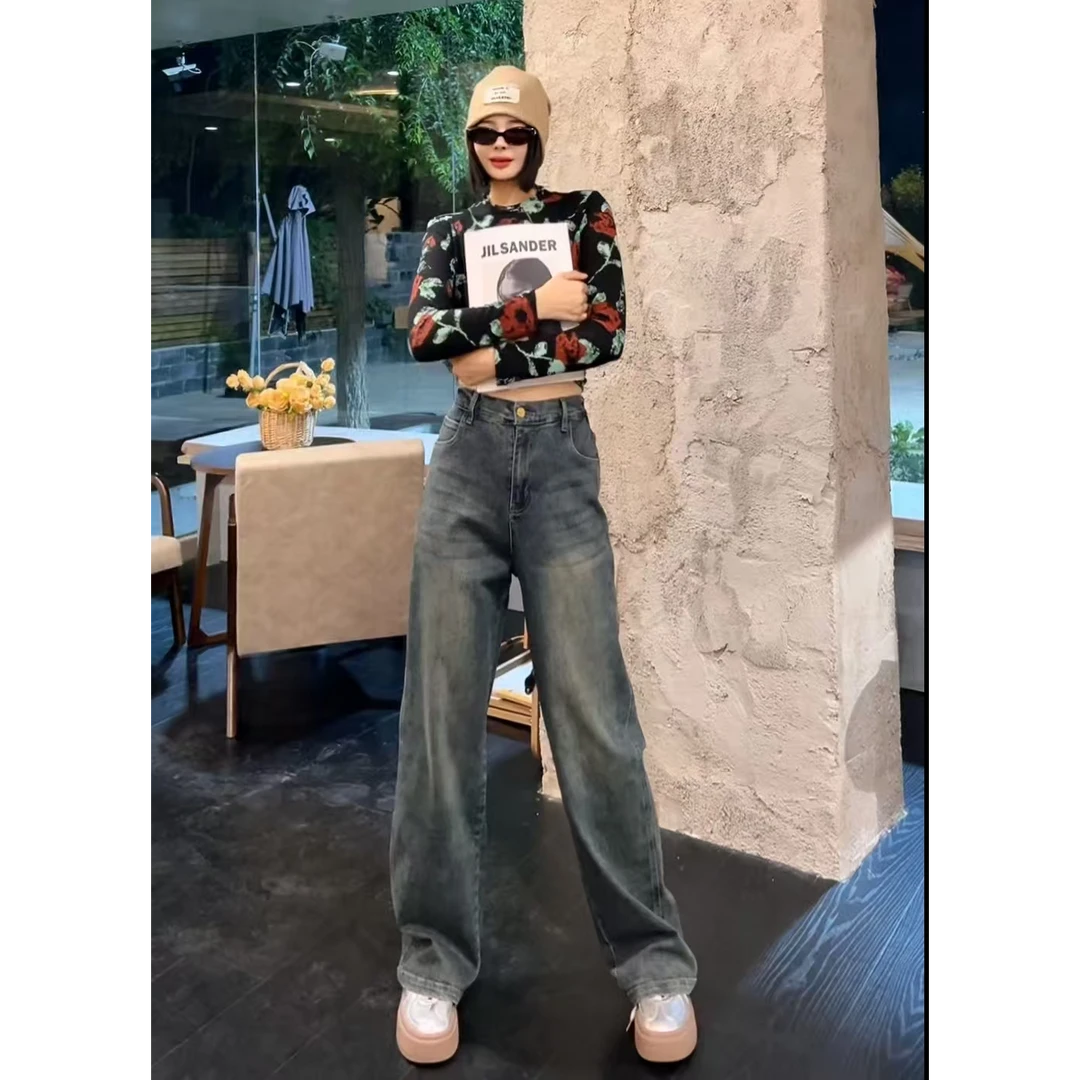 D6102春款高腰窄版阔腿牛仔裤