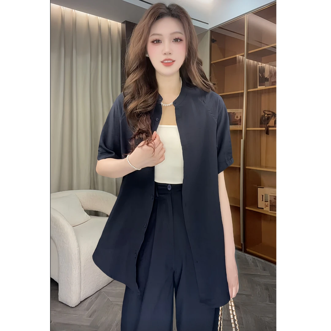 夏季短袖衬衫阔腿裤两件套透气麻料两套装 70641