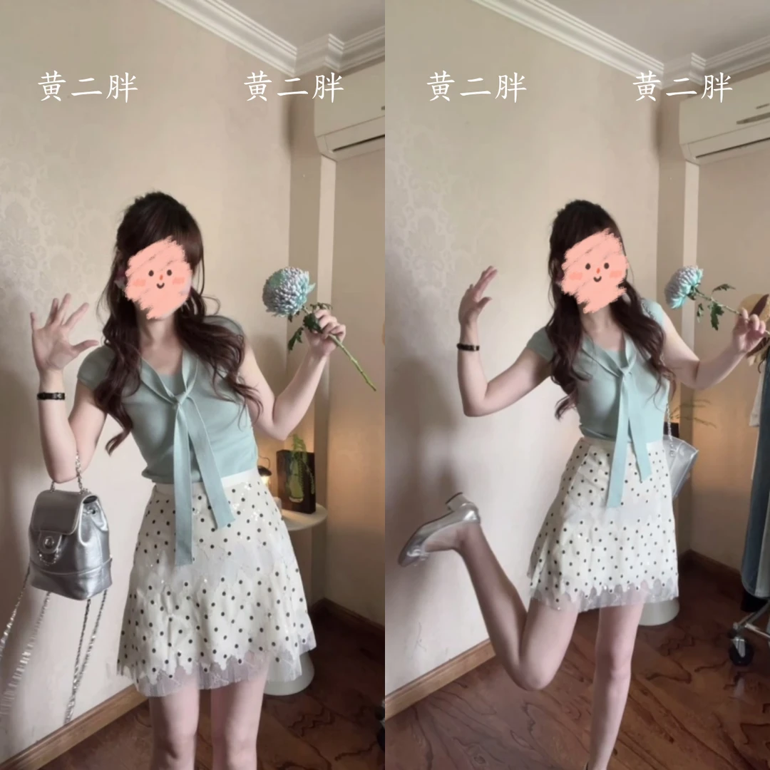 系带v领短袖上衣+波点蕾丝拼接短裙女韩系穿搭一整套2025夏季新款
