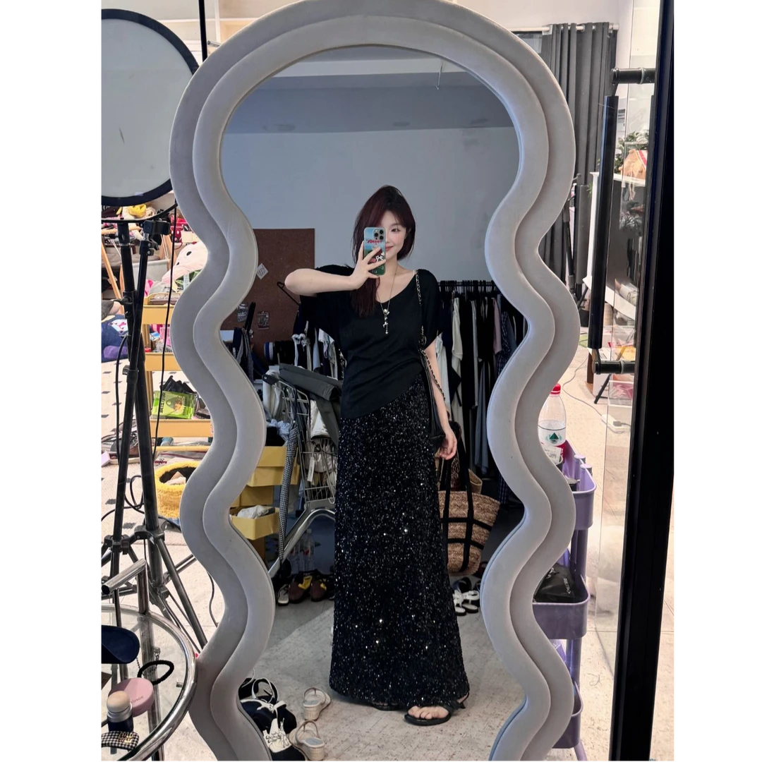 晶咕【闪闪星河】小香风亮片高腰长短版百搭A字半身裙