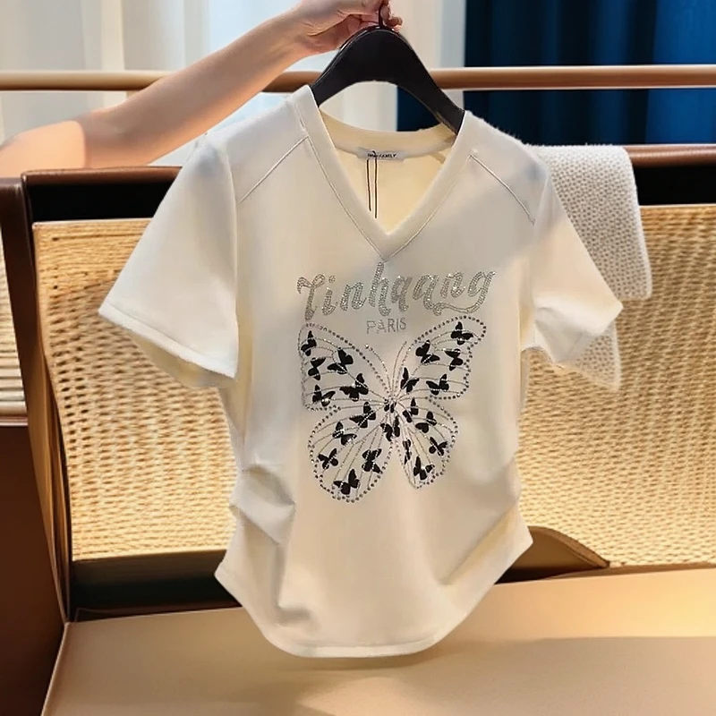 时尚设计感镶钻字母V领短袖上衣2025年夏季新款设计感蝴蝶T恤女潮