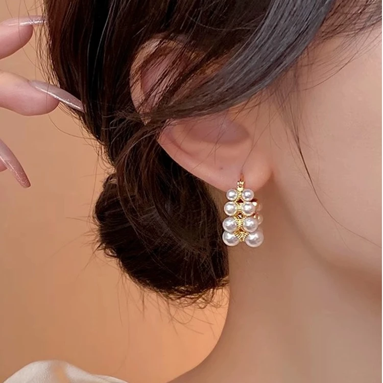 铜合金仿珍珠耳饰 气质百搭双排珍珠耳钉女小众轻奢高级耳圈耳饰