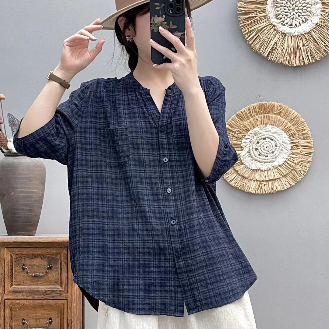 新款夏季V领泡泡棉衬衫轻薄透气女士上衣宽松百搭文艺柔软衬衣