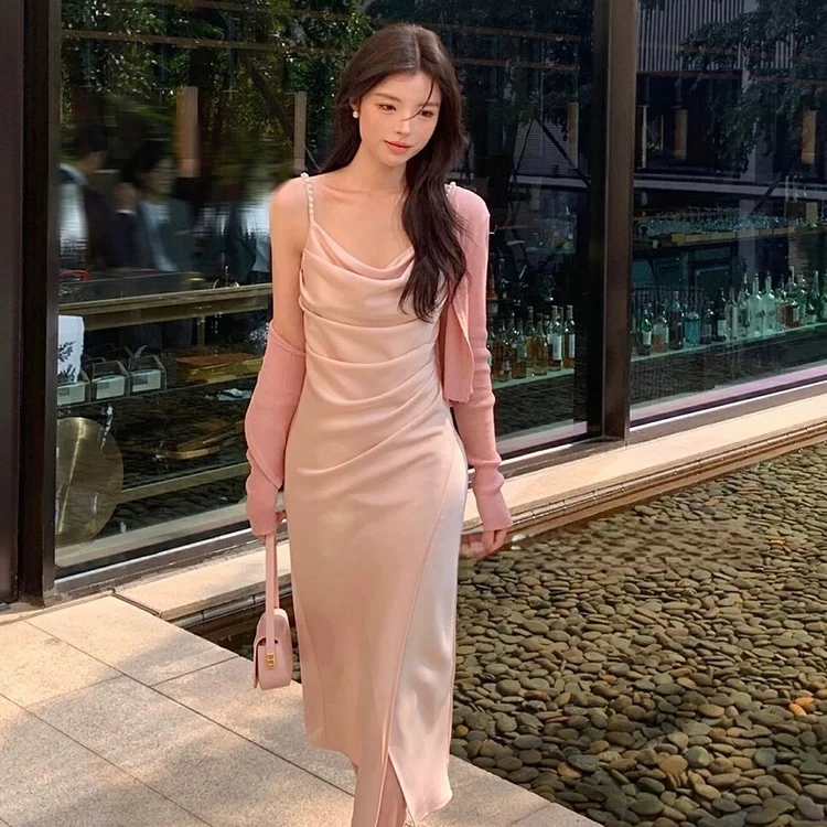 高级感珍珠肩带吊带裙修身开衩连衣裙缎面礼服裙显瘦气质