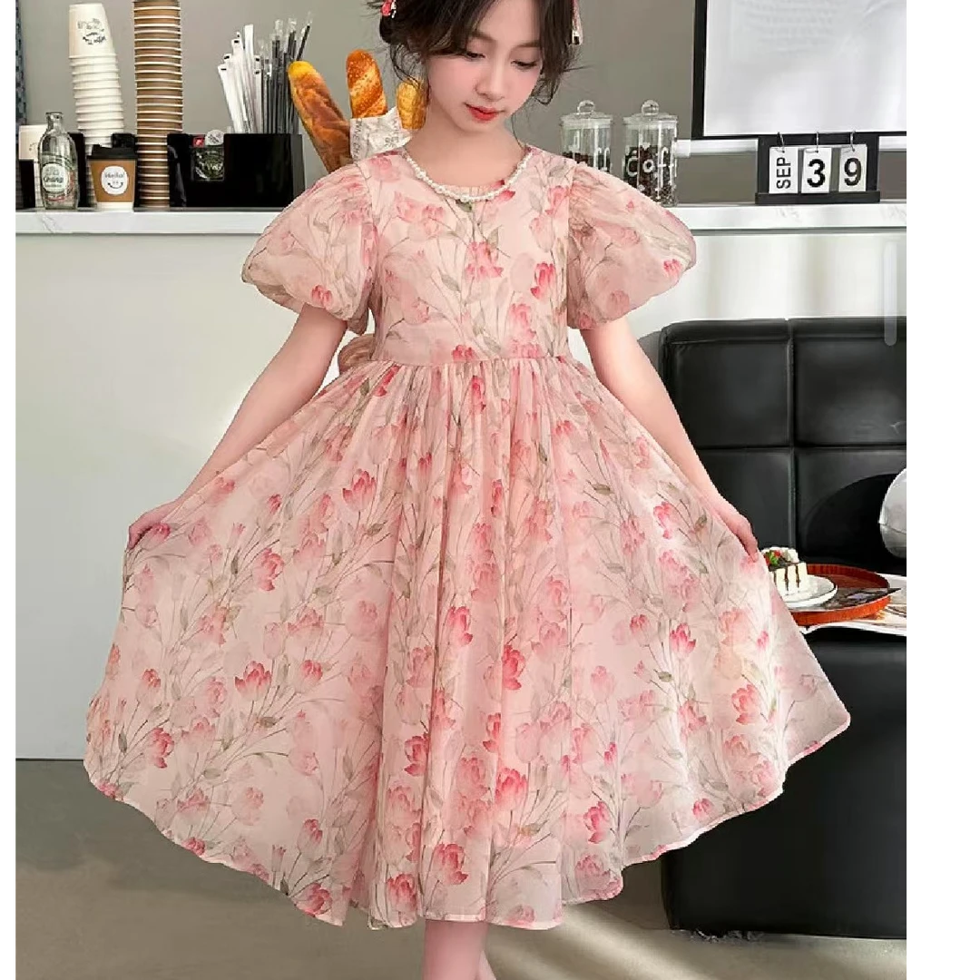 2025夏季时尚洋气连衣裙碎花女童雪纺礼服裙出街随性在逃公主裙