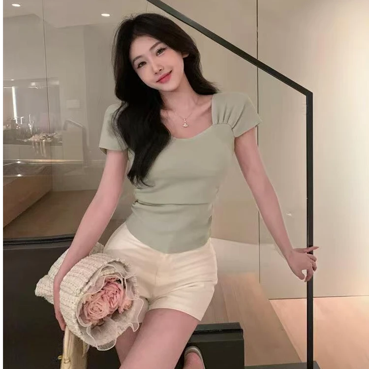 A136纯欲短袖针织衫女装夏季辣妹修身短款设计感小众上衣ins