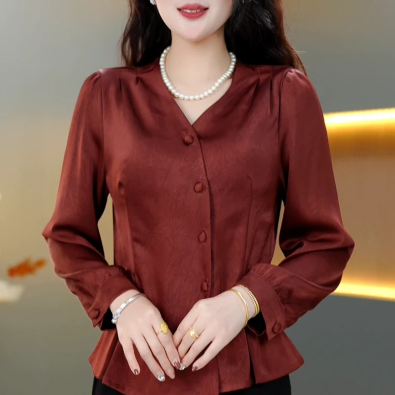 【高端定制】春季气质显瘦V领褶皱修身法式长袖上衣减龄百搭小衫