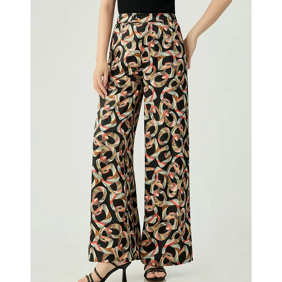 GIRDEAR/哥弟 1100456新款高腰时尚显瘦开叉印花休闲垂感阔腿长裤