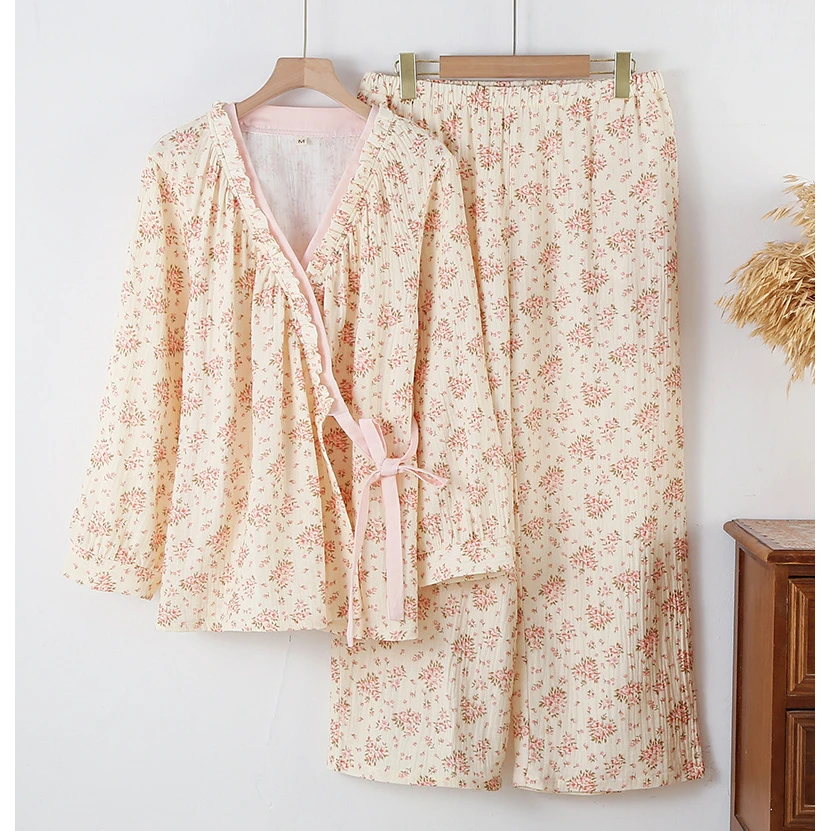 A136 粉黛 和服式纯棉双层纱布女春秋季长袖系绳碎花家居服套装