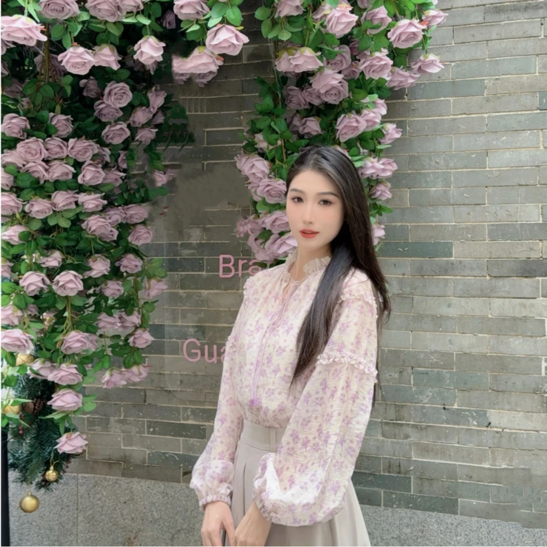 GIRDEAR/哥弟1300940 （薰衣草香）新款气质甜美系带碎花长袖衬衫