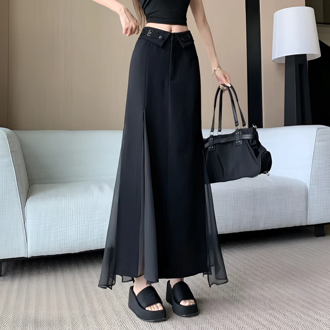 时尚韩系黑色雪纺拼接西装半身裙女2025夏季新款高腰显瘦垂感长裙
