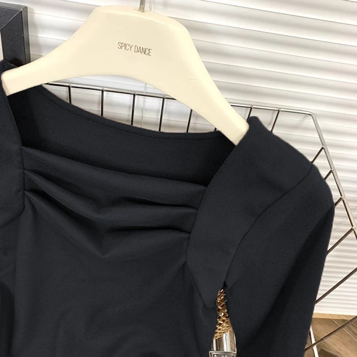 秋冬德绒韩版褶皱修身方领露锁骨长袖打底衫女T恤甜辣基础款上衣