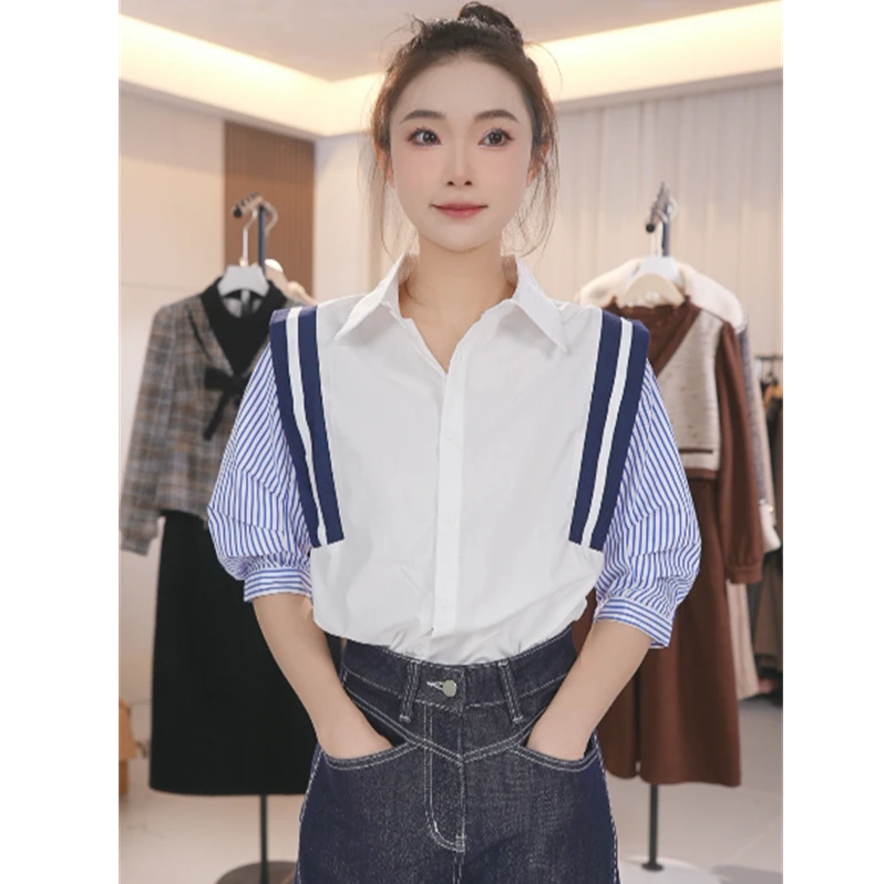 W2291法式条纹衬衫女夏季新款设计感宽松灯笼短袖显瘦气质衬衣