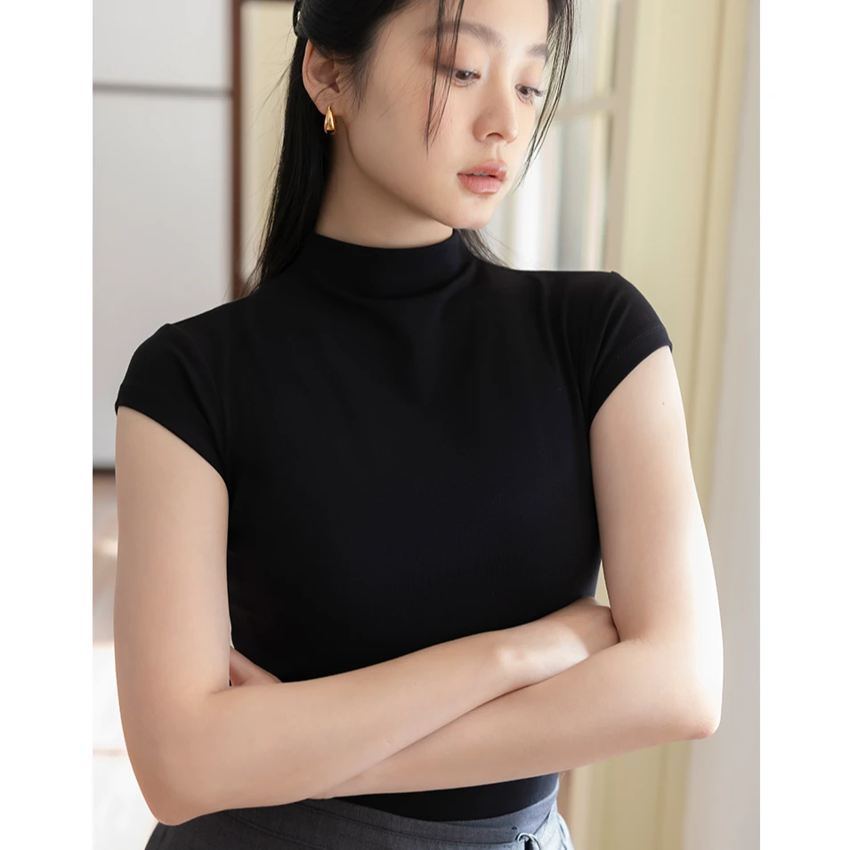 半高领短袖t恤女中领春秋内搭打底衫2025新款正肩修身外穿上衣