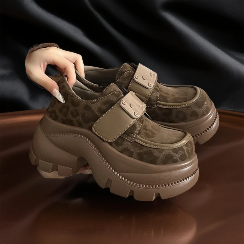 2026春季新款厚底增高显瘦9公分魔术贴豹纹松糕鞋百搭厚底休闲鞋