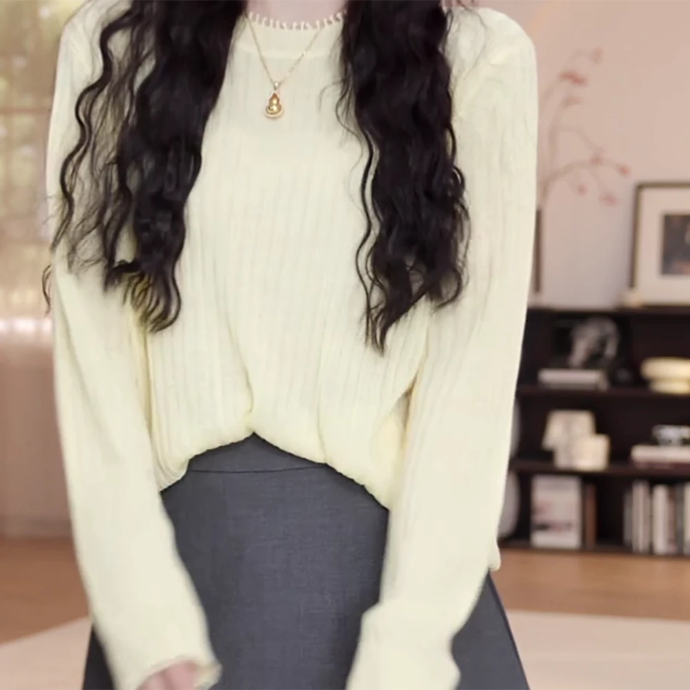 2025早春新款百搭显瘦薄款长袖柠檬黄显白韩版慵懒风针织女上衣