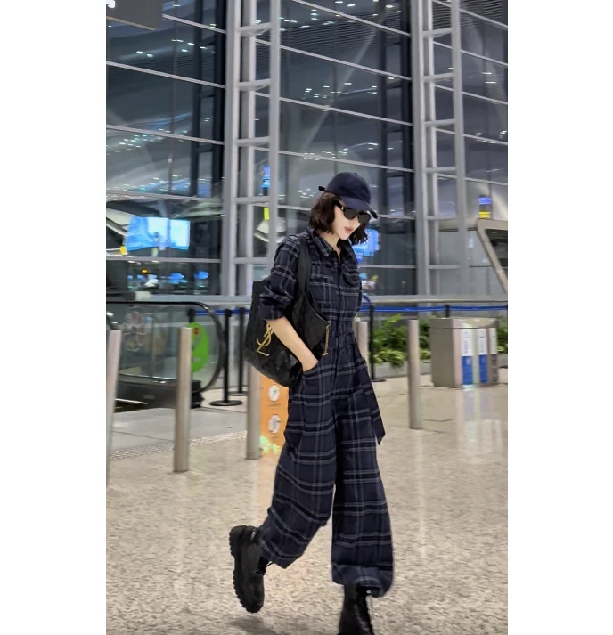 【乐乐】NMN王火火&设计师新款格子高腰气质阔腿连体裤 25N67741