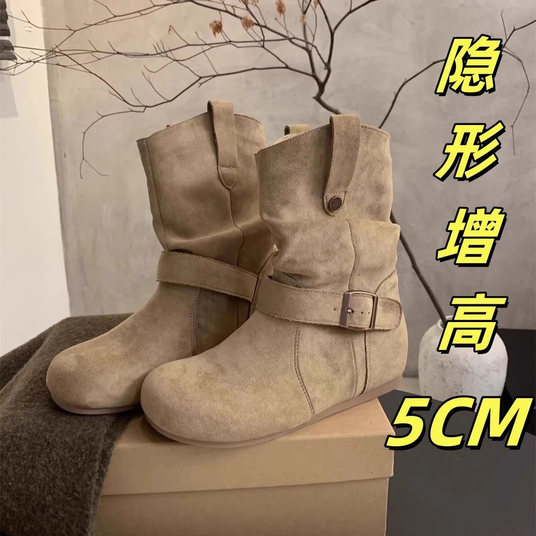 慵懒风真皮堆堆靴5CM内增高女2025秋冬新款厚底小短靴西部牛仔靴