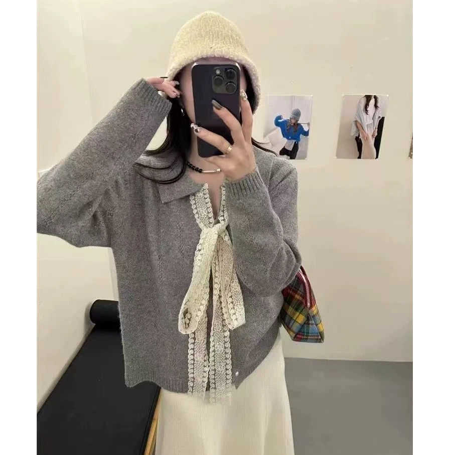 灰色~蕾丝V领子法式小香风针织开衫女毛衣外套蝴蝶结上衣
