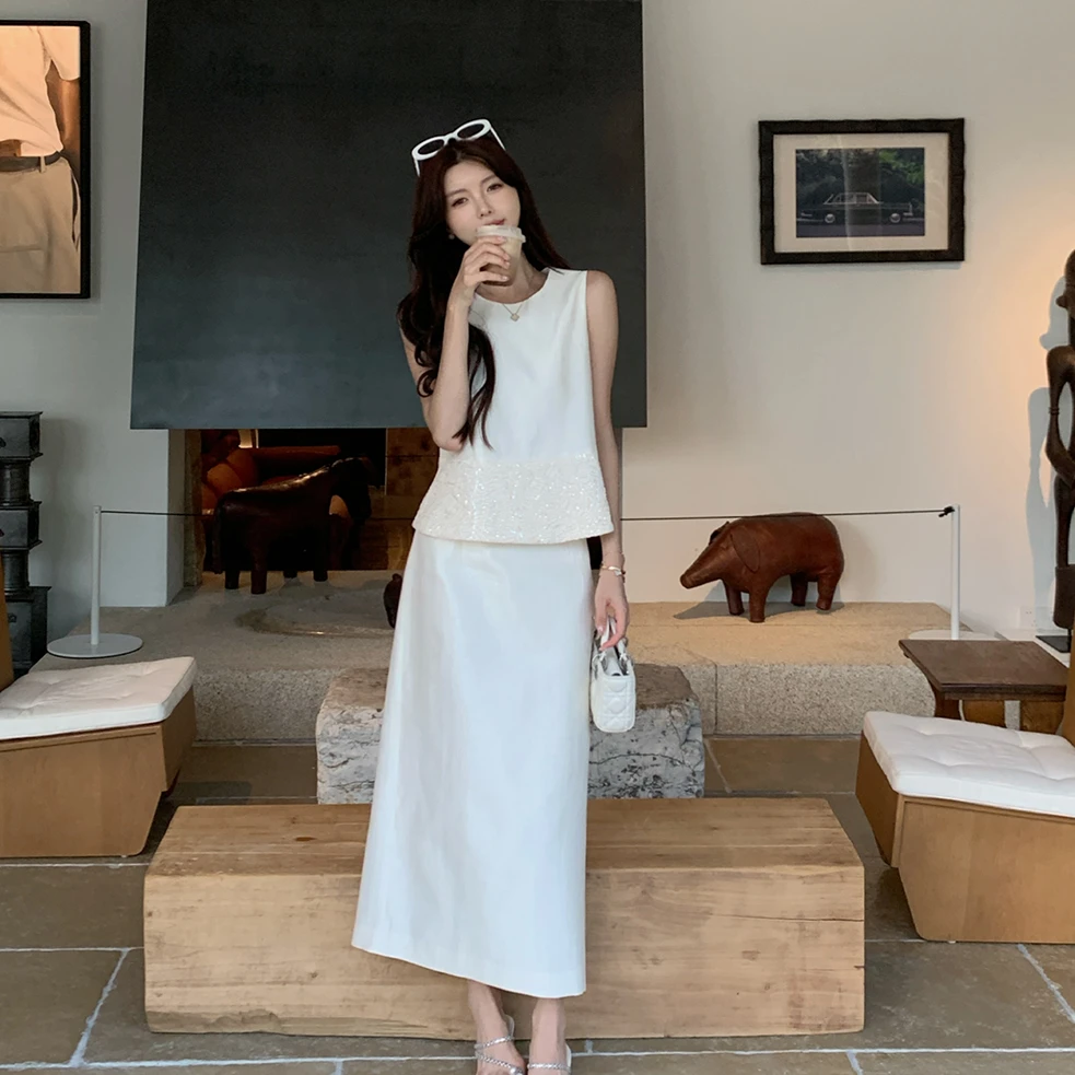 佐佐家小个子高级亮片刺绣上衣+半身裙两件套夏季女气质显瘦套装