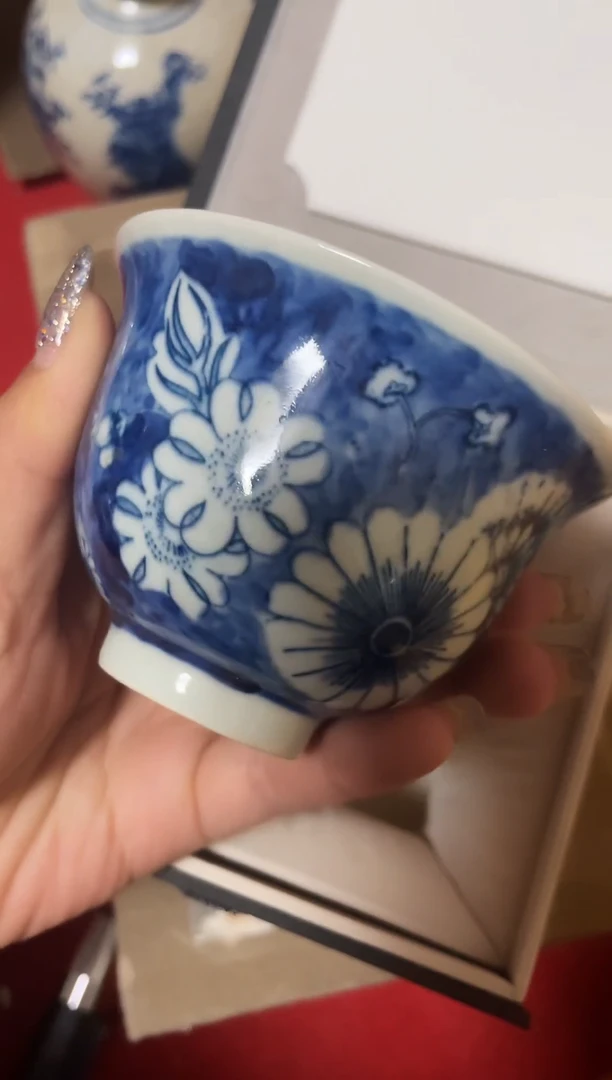 瓶景德镇陶瓷  蓝色茶碗 带盒