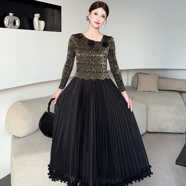 【新中式秋冬款】SK246三宅皱褶#不规则领贴布花木耳边裙摆