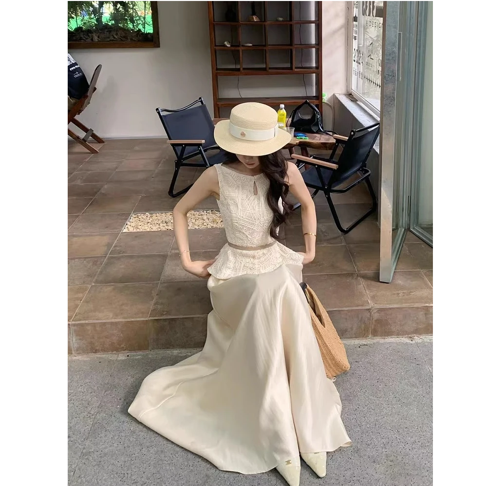 法式气质轻奢时尚套装女夏季款重工刺绣无袖背心显瘦半身裙两件套