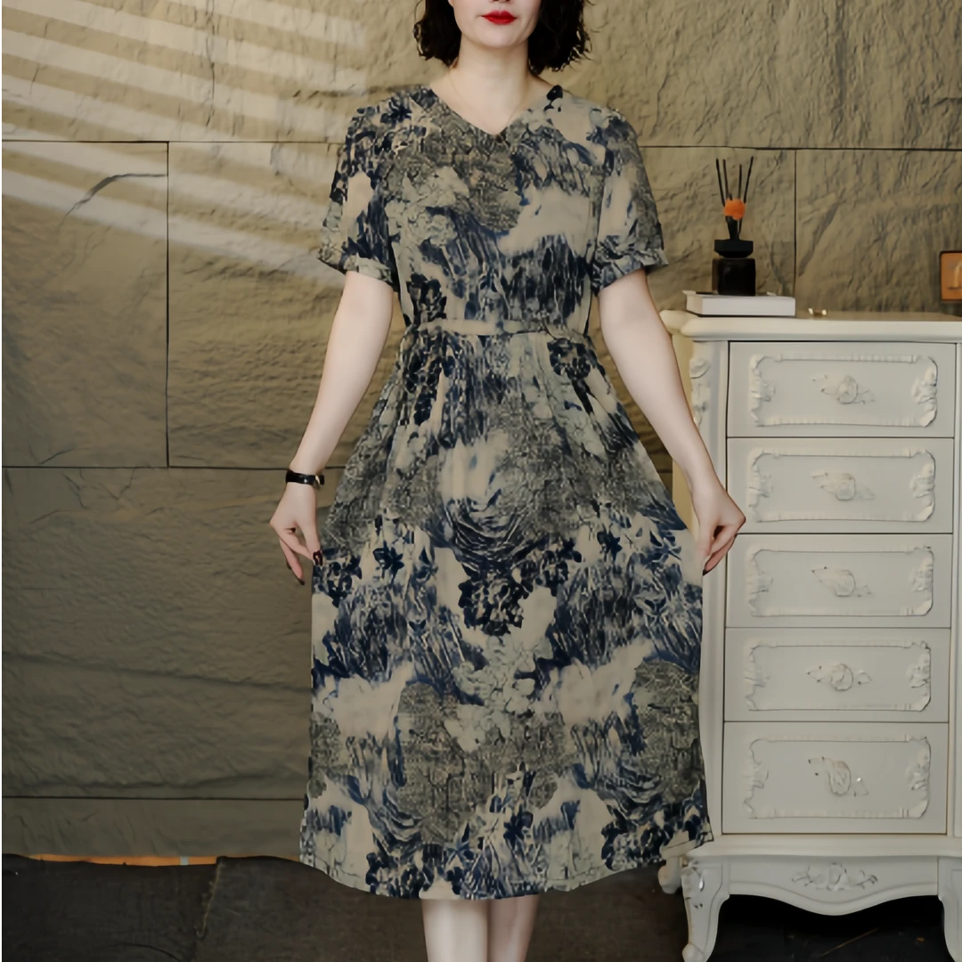 5566【依】水墨画夏季百搭时尚简约休闲显瘦遮肉减龄碎花连衣裙