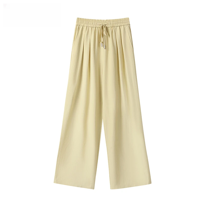拉夏贝尔夏季新款时尚百搭薄款亚麻高腰宽松直筒休闲裤垂感