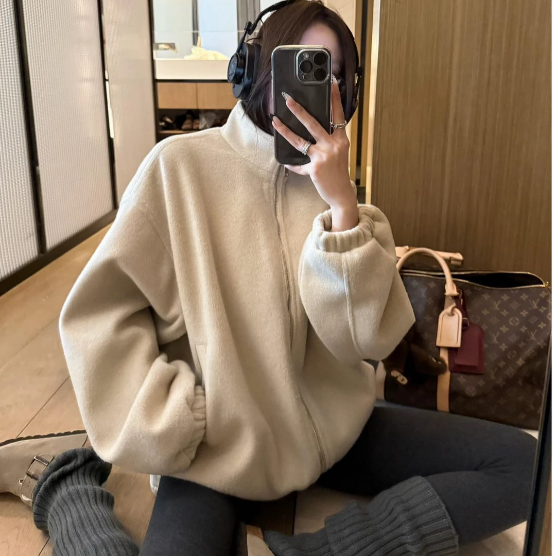 慵懒美高氛围感毛毛感宽松拉链立领棒球外套长袖女2025新款秋冬季