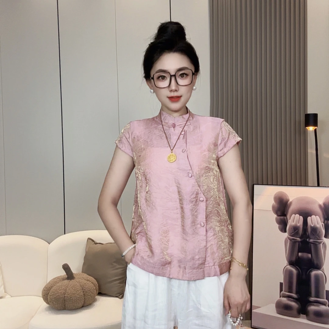 中国风夏季浮光锦复古艺术拼接圆领纯色短袖女装6972