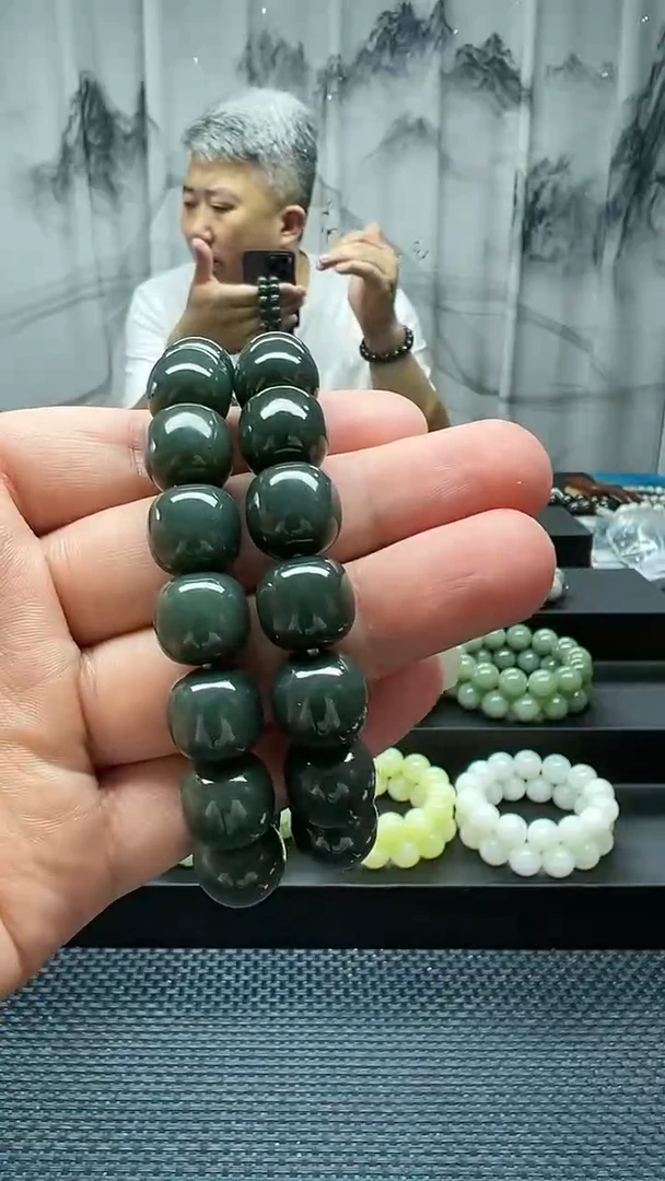 手串未镶嵌和田玉切莫蓝老型卡14纯天然拍一发一