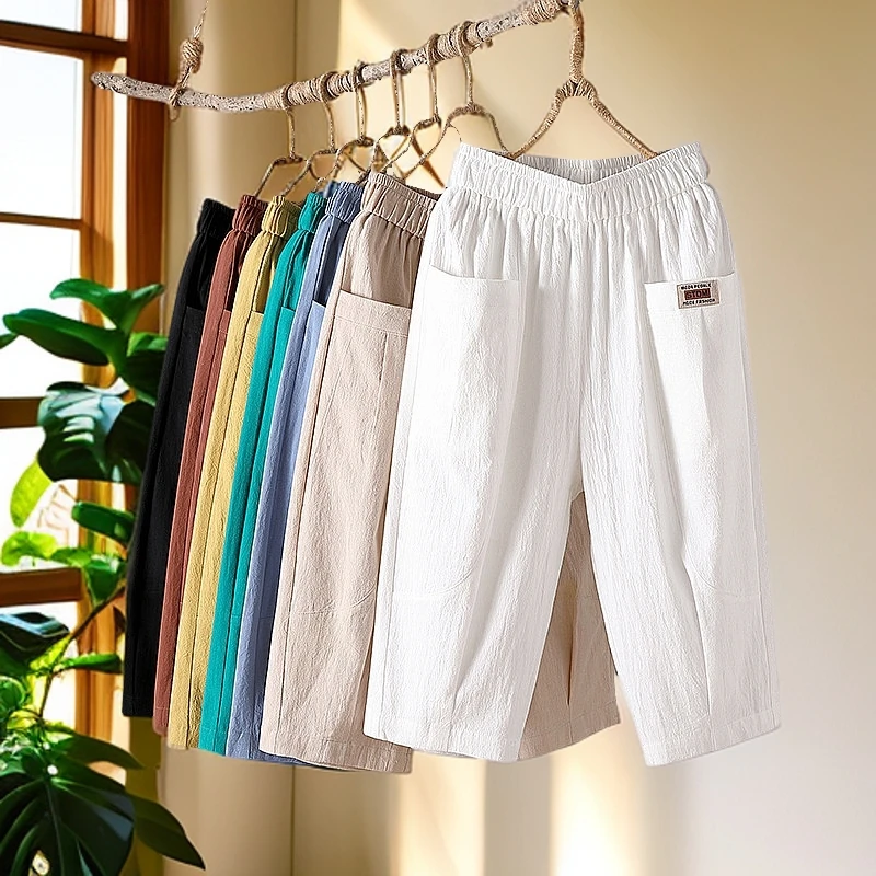 棉麻七分裤女夏季薄款气质中老年人大码休闲裤显瘦宽松高腰短裤女
