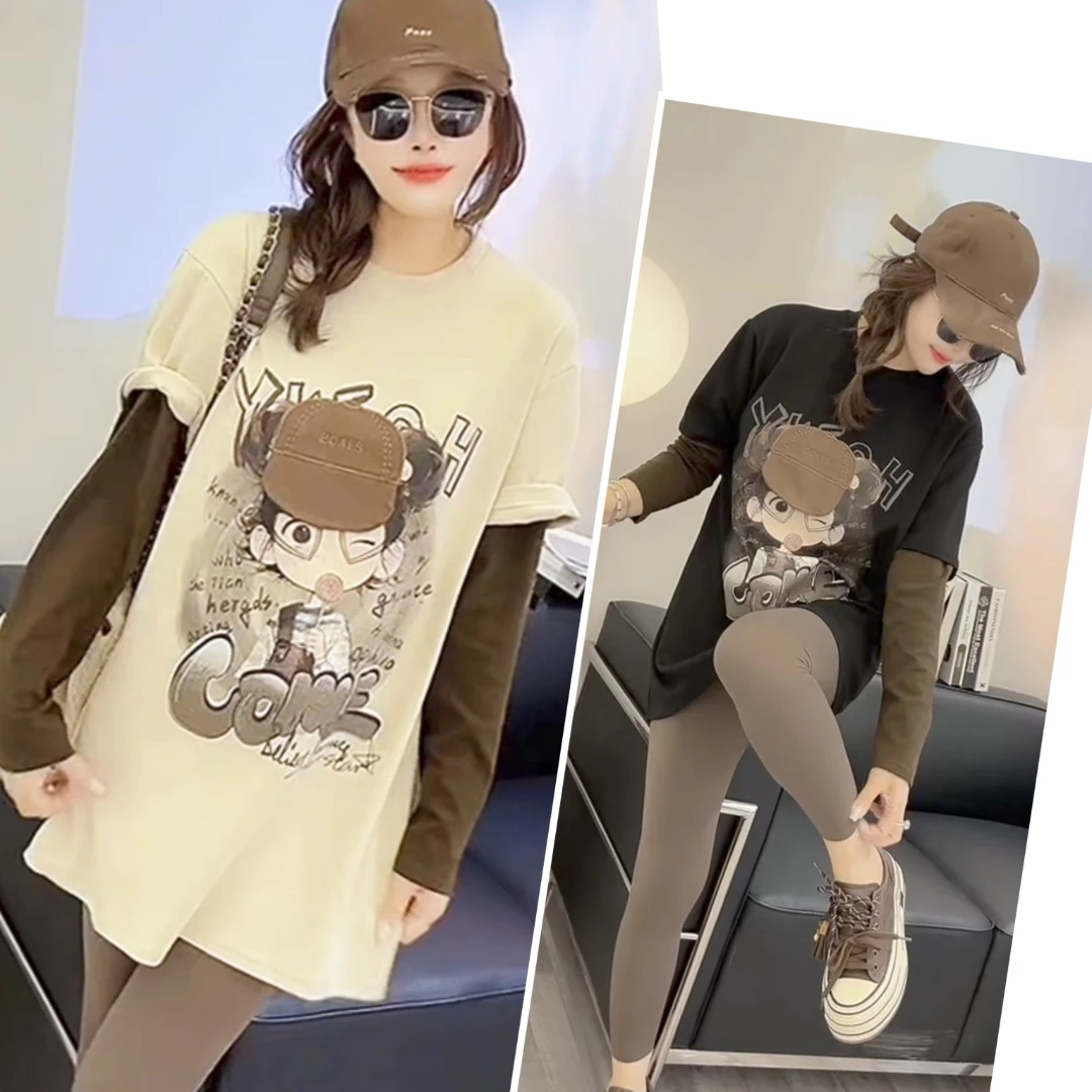 欧货重工长袖卡通印花中长款爆款T恤2025秋季新款显瘦上衣简宽松