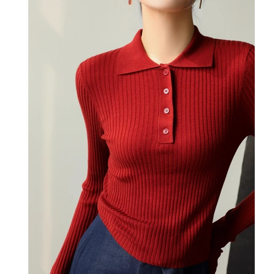 秋冬季时尚洋气外穿过年红色polo领毛衣女打底针织衫气质内搭上衣