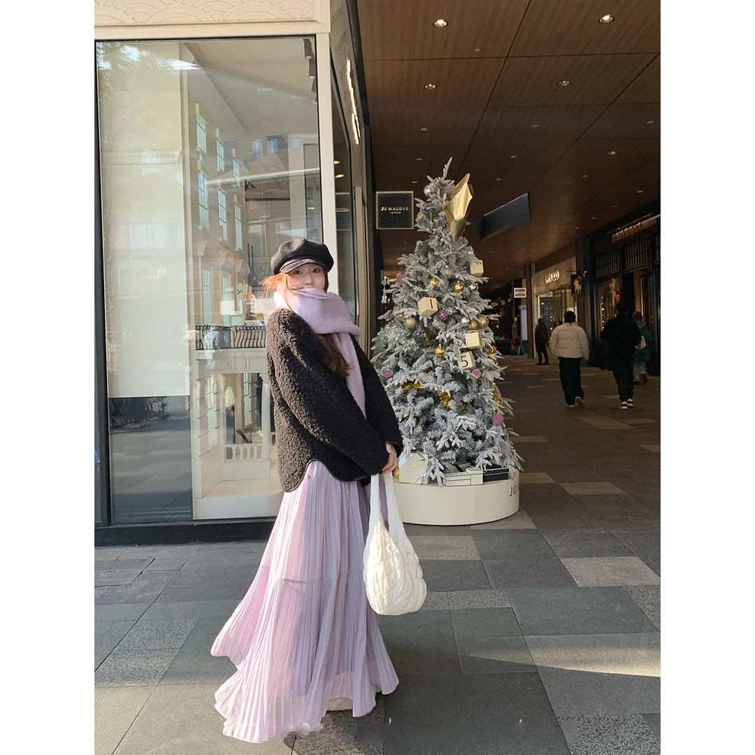 【佳佳】2025新款大码半身裙紫色高腰a字蛋糕裙设计感大摆中长裙女