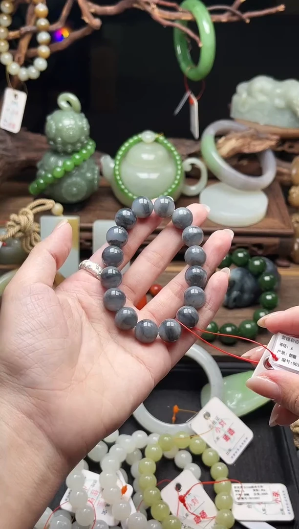 手串未镶嵌和田玉卡12墨玉青花 圆珠9011471