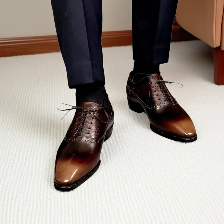 牛津鞋男士系带英伦风手工固特异琴底定制真皮透气皮鞋男款内增高