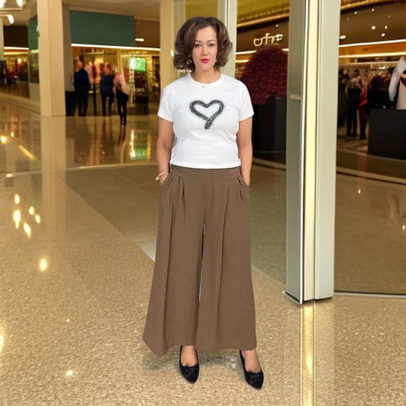 【包邮】休闲风设计师时尚阔腿裤半裙圆领印花休闲裤#552