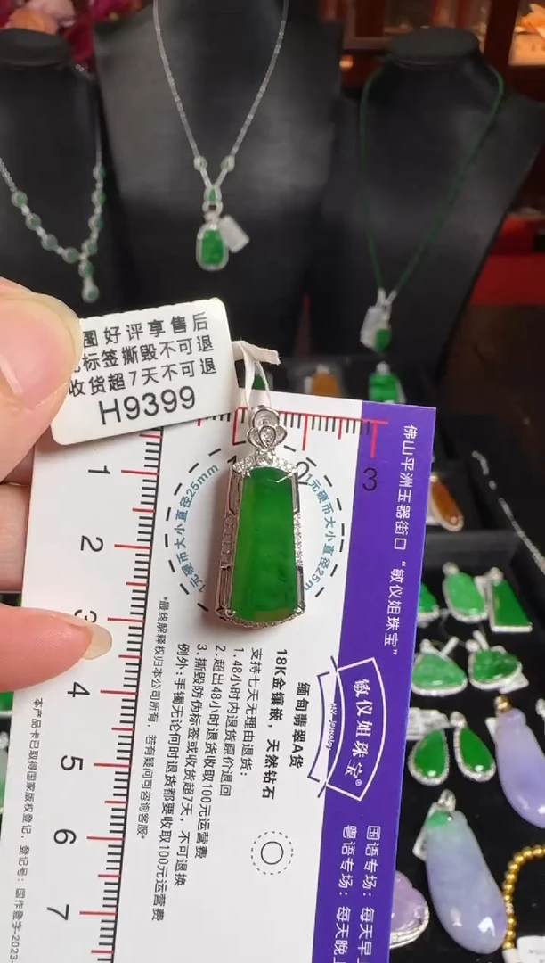 颈饰18K金镶嵌翡翠H9399冰辣绿无事牌