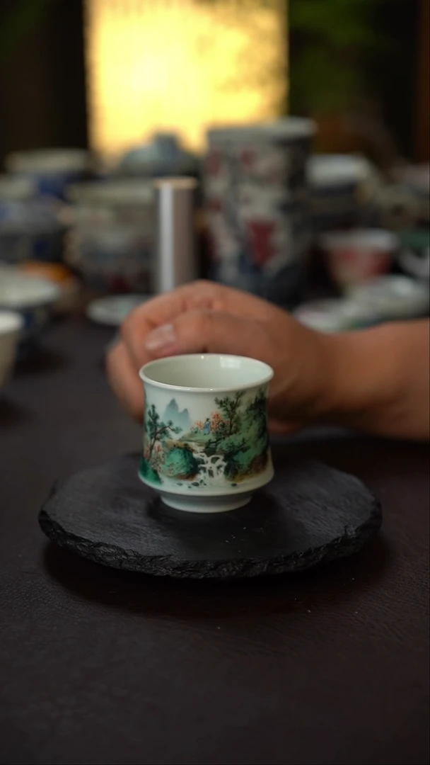 Z*师王钢全手工手绘青绿山水主人杯