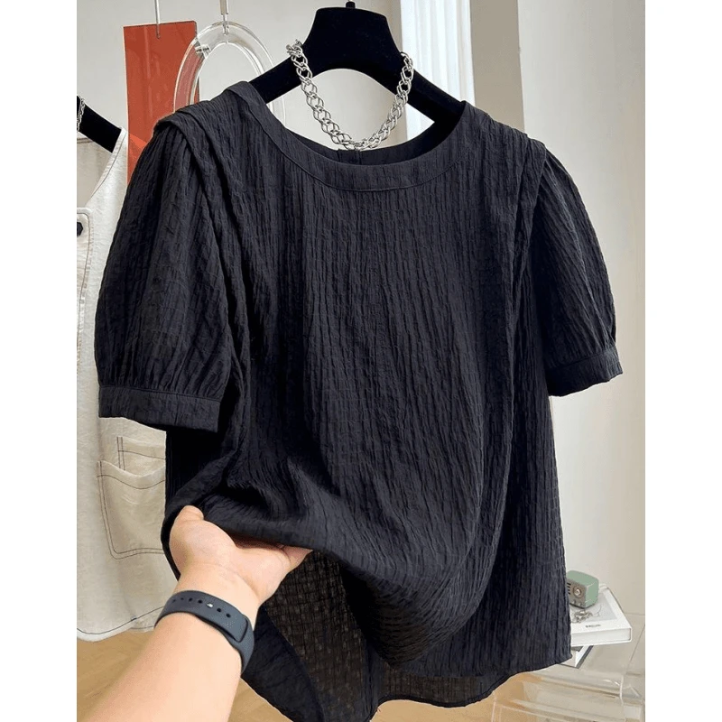 8247设计感小众褶皱独特别致飞肩圆领衬衫女夏季薄款泡泡短袖上衣