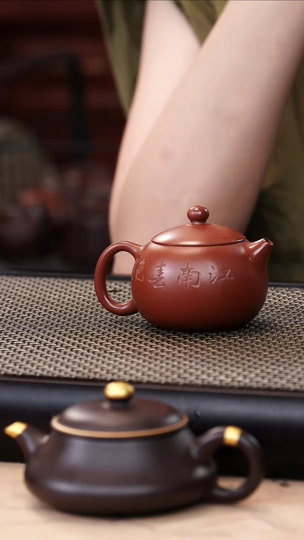 茶壶紫砂朱泥超精工刻绘西施90cc