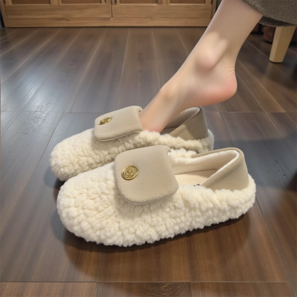 白色小香风毛毛鞋女秋冬外穿时尚山茶花一脚蹬羊羔绒孕妇豆豆棉鞋