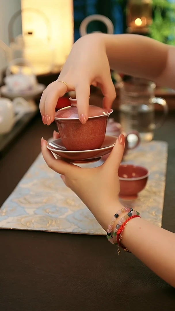 陶瓷茶具楚门窑变豇豆红三才盖碗