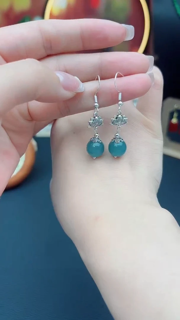 石英质玉（天山翠）银S925镶嵌耳饰237000