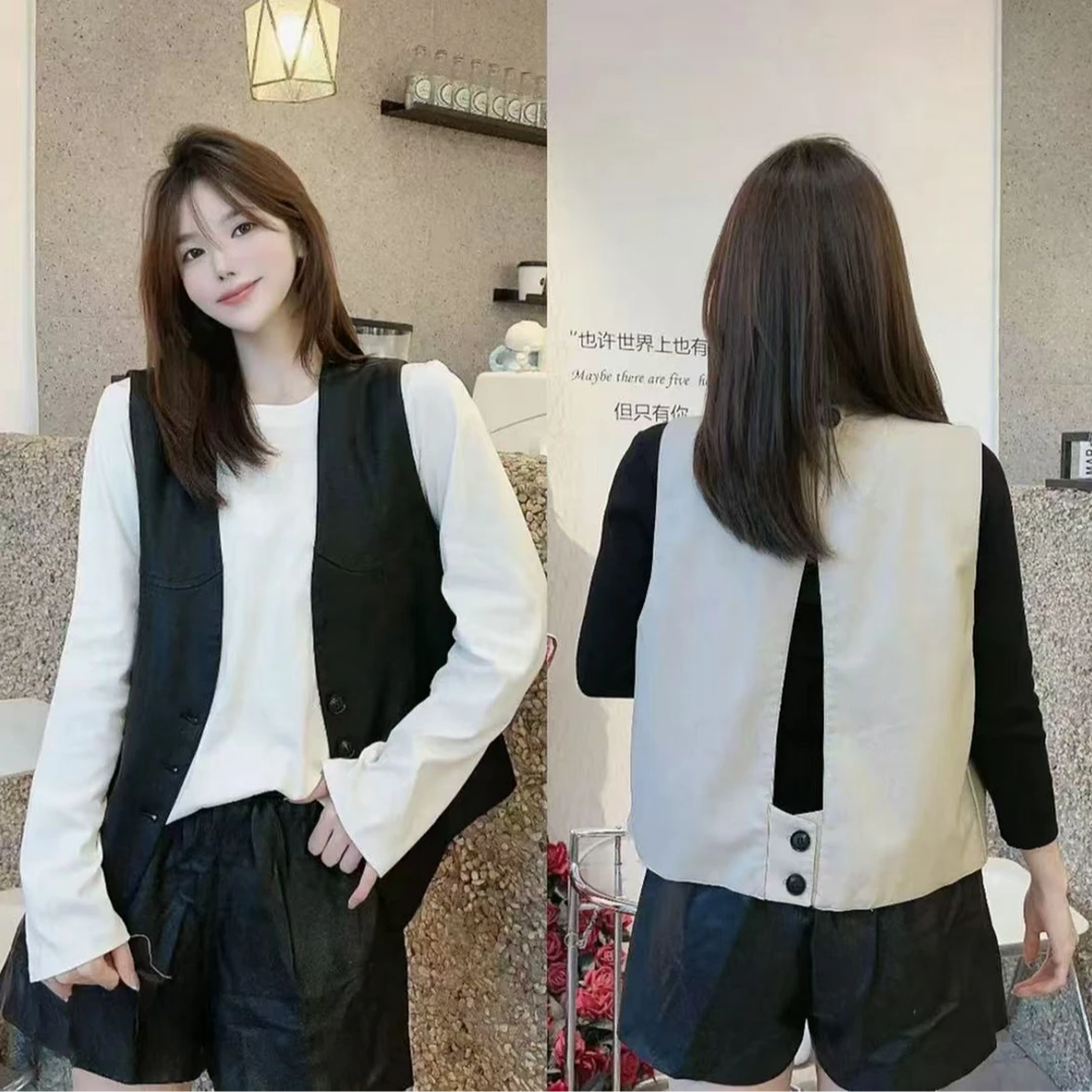 016（丹姐家）欧货pu皮马甲镂空外套大码秋季单排扣宽松显瘦上衣