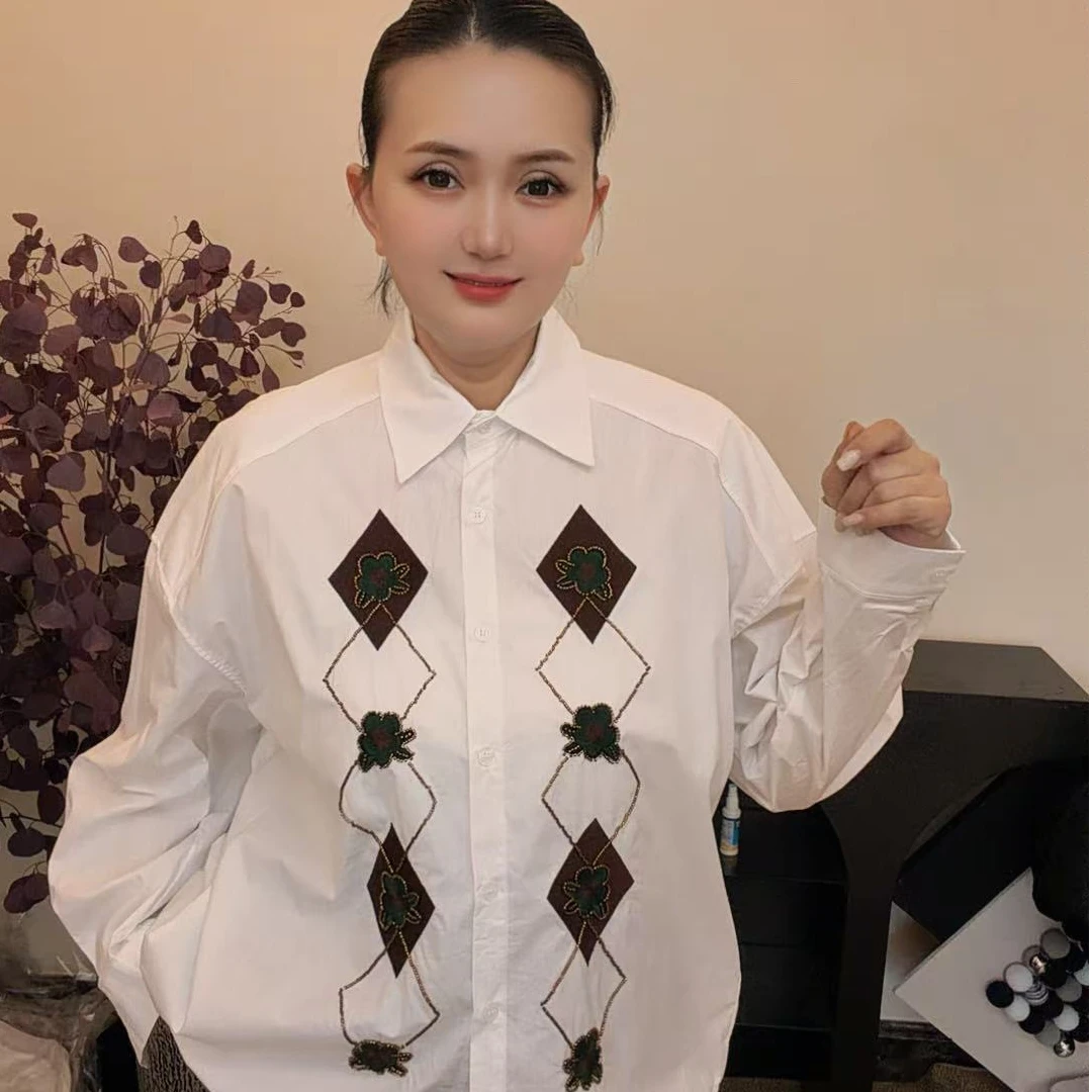 【新疆包邮】JY3-388冬季刺绣衬衫领慵懒袖女衬衫女装设计感长款