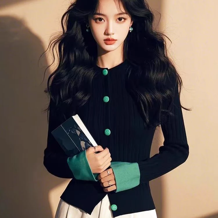 2025新款大码韩系气质独特黑色拼色打底针织衫内搭毛衣女G307#