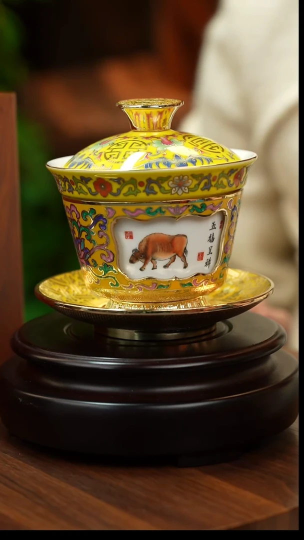 铜双非遗大师旋转盖碗  五牛图